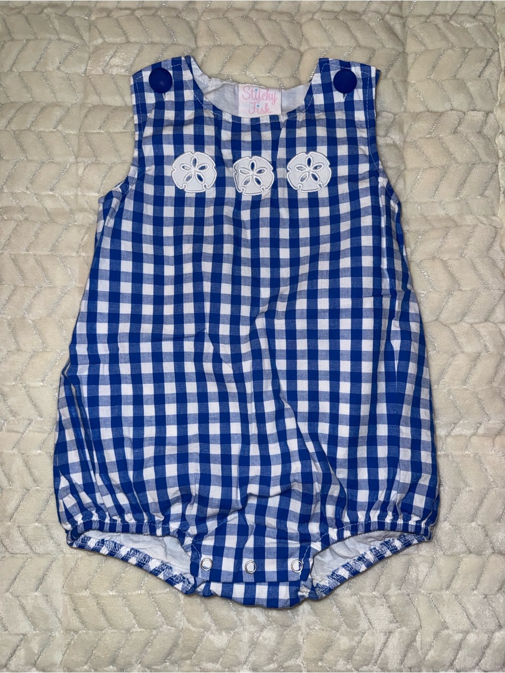 Stitchy Fish blue and white checkered bubble with sand dollar appliqués, sz 24mo